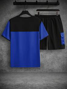 Manfinity Homme Men's Athleisure Colorblock Round Neck Short Sleeve Tee And Track Shorts Co-Ords - Royal Blue - View 2
