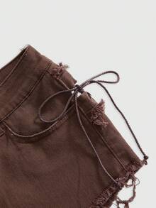 ROMWE Y2K Sexy Denim-Shorts für Damen mit Schnürung, ausgefranstem Saum und Cut-out-Rücken - Kaffeebraun - Übersicht 6