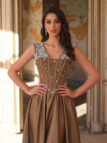 Aureia Elegant Green Satin Mermaid Formal Party Dress Heavily Embellished With Rhinestones Crystals Wedding Guest Bachelorette Evening Gown - Army Green - View 5