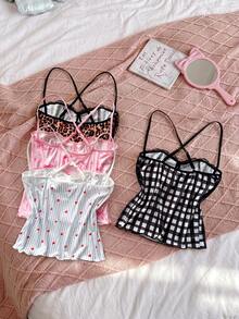 SweetSlumber Women's INS Sweet Bow Heart Striped Plaid Leopard Print Patchwork Contrast Color Lace Camisole Knit Cropped 4-Piece Pajama Set - Multicolor - View 2