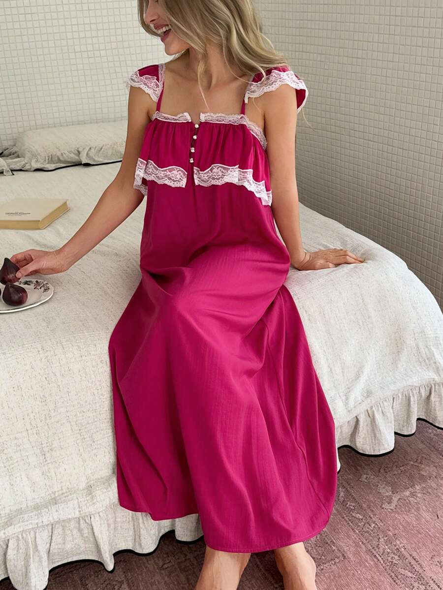 Livesso 女款純色蕾絲性感睡裙 夏季睡衣 - 玫紅色 - 查看 1