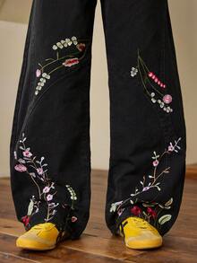 Whitmere 1pc American Street Fashion Patchwork Embroidered Loose Wide-Leg Jeans, Comfortable High Street Versatile Casual Denim Pants For Men (Belt And Accessories Not Included) - Black - View 7