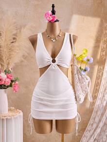 Swim Vcay Plus Size 2-Piece White Textured Mesh Bikini Set, V-Neck Hollow Design Swimwear,Front Ring Decor,Drawstring Ruffle Hem,Summer,Beach,Party,Vacation - White - View 7