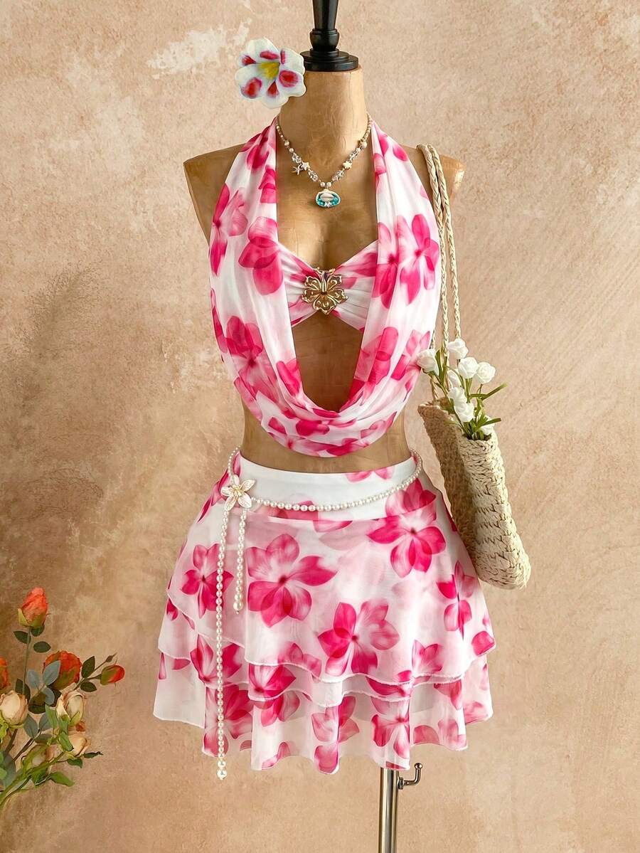 Soleia Bộ đồ 2 mảnh dành cho nữ gồm áo kiểu ombre cổ chữ V xẻ sâu họa tiết hoa và chân váy mini xếp tầng, thích hợp cho kỳ nghỉ biển, du lịch nghỉ dưỡng, lễ hội âm nhạc, phong cách boho. - Nhiều màu - Xem 1