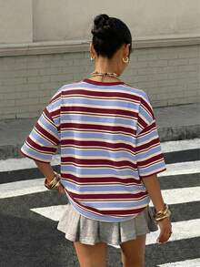 Muchica Oversized Streetwear Casual Minimalist Pattern Round Neck Short Sleeve Loose T-Shirt For Women Summer Top Vacation Burgundy - Multicolor - View 2