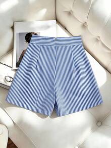 Elenzga Striped Button Decor Elegant Romantic Commute Minimalist Shorts Vacation Blue And White Stripe Summer - Blue and White - View 2