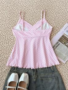 SHEIN 青少年女孩休閒可愛波點印花交叉V領荷葉邊飾蝴蝶結裝飾吊帶上衣，娃娃洋裝風，春夏季穿搭，海灘、通勤、優雅、度假、波西米亞、夏威夷、音樂節，粉色波點上衣 - 粉色 - 查看 2