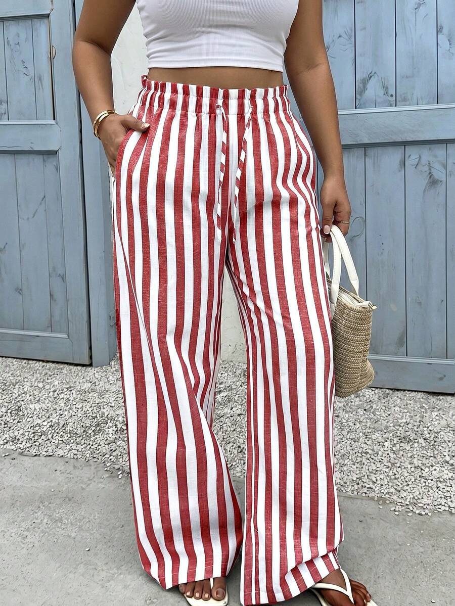SHEIN EZwear 紅 & 白大尺碼彈性腰抽繩休閒寬鬆長褲 - 紅白色 - 查看 1