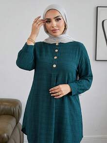 Solavon Plus Size Striped Texture Loose Long Shirt - Green - View 4