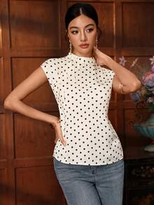 EastFlair Áo kiểu nữ thanh lịch họa tiết chấm bi thắt nơ phía trước, thích hợp cho mùa hè. - Màu be - Xem 6