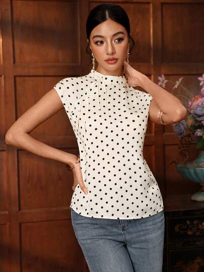 EastFlair Áo kiểu nữ thanh lịch họa tiết chấm bi thắt nơ phía trước, thích hợp cho mùa hè.
