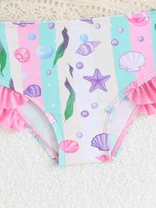 SHEIN 3件套女婴泳衣套装，带蝴蝶结、可爱贝壳、海星、海藻印花和花朵饰边，适合游泳、玩水、度假，包含一顶可爱的帽子 - 彩色 - 查看 5