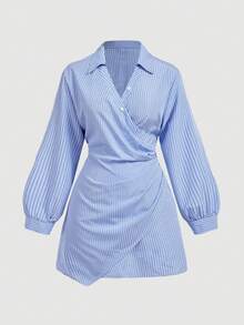 SHEIN MOD Đầm sơ mi kẻ sọc cỡ lớn, thanh lịch, phù hợp cho sinh viên và công sở. - Màu xanh lam - Xem 2