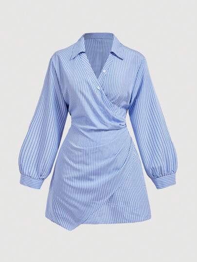 SHEIN MOD Plus Size Striped Shirt Dress, Elegant, Collegiate, Office Appropriate