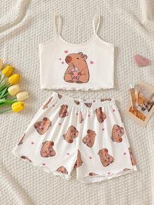 SHEIN Tween Girl Cartoon Print Camisole And Shorts Pajama Set, Suitable For Autumn, Winter And All Seasons - Apricot - View 2