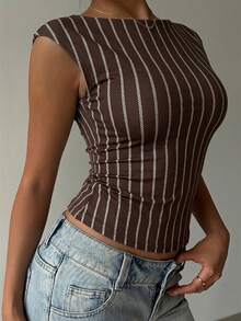 Aloruh Casual Minimalist Nautical Style Vacation Vibe Brown Base Color Rope Texture Striped Allover Print Women Short Sleeve T-Shirt Sexy Backless Top, Suitable For Spring/Summer - Multicolor - View 5