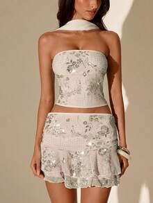 SHEIN Glamour 米色露肩无袖两件套，高端优雅套装，派对套装，演唱会服装，夜店服装，约会服装，花卉时尚，亮片套装，女士夏季套装，派对套装，婚礼宾客套装，浪漫两件套，时尚套装，闪亮套装，珠光套装，抹胸套装 - 米色 - 查看 5