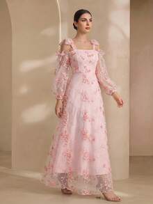 Graceveil Đầm lưới màu hồng kiểu Pháp dành cho nữ, ngọt ngào và thanh thoát, thắt eo. - Hồng - Xem 4