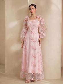 Graceveil Đầm lưới màu hồng kiểu Pháp dành cho nữ, ngọt ngào và thanh thoát, thắt eo. - Hồng - Xem 5