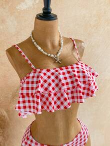 Soleia Conjunto de Maiô Bikini Bandeau com Babados Xadrez Vermelho & Branco, Roupa de Banho Estilo Garota Doce Retrô de Cintura Alta para Férias - Vermelho e Branco - Visão 6