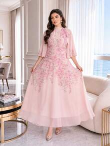 Auveirra Plus Size Women Elegant Floral Print Tie Neck Dress Sundress Pink - Pink - View 9