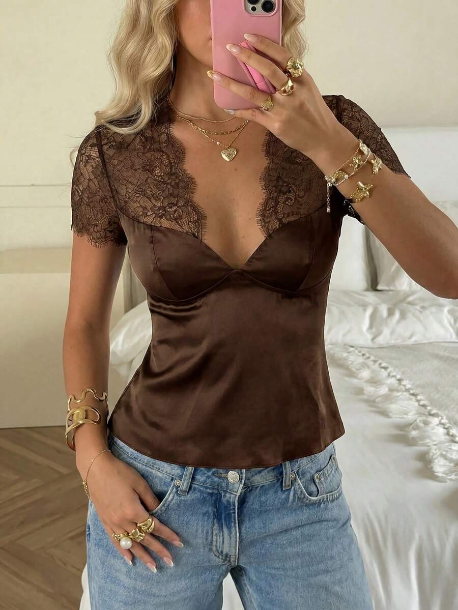 Aloruh Women's Contrast Lace Short Sleeve Sexy Fashion Blouse - Coffee Brown - View 1