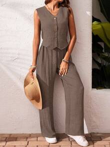 SHEIN Frenchy Bộ đồ nữ mùa hè kiểu dáng thường ngày, màu trơn gồm áo tank top và quần dài. - Màu nâu  Mocha - Xem 6