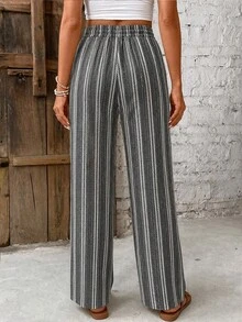 SHEIN Frenchy Casual Boho Minimalist Black Base White Stripe All-Over Print Pattern Women's Pants Suitable For Autumn Vacation Beach - Multicolor - View 2