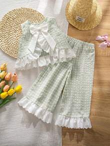 Emery Rose Kids Emery Rose Kids 2件組少女編織對比色格紋荷葉邊飾休閒背心與長褲套裝 - 綠色 - 查看 2