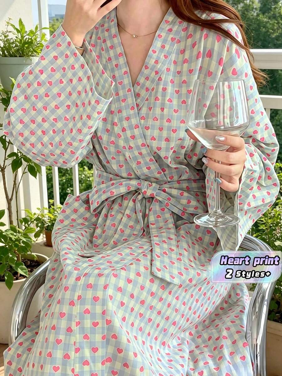 女士格子长袖睡袍,心形印花,优雅宽松家居服睡衣,柔软舒适休闲家居服,适合春秋季穿着,可爱返校睡衣,中长款 - 彩色 - 查看 1