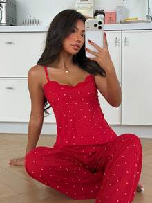 ZzzCrew Women's Knitted Heart Print Camisole And Shorts Pajama Set, Sexy And Suitable For All Seasons - Red - View 4