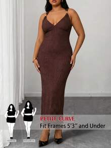 SHEIN PETITE CURVE 大码女式针织连衣裙，金属纽扣装饰露背连衣裙，棕色连衣裙，优雅露背无袖连衣裙，夏季修身长裙，Y2K风格穿搭，乡村音乐节穿搭，复古街头风，休闲外套 - 棕色 - 查看 5
