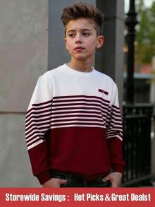 SHEIN Tween Boy Casual Stylish Minimalist Striped Pattern Print Pullover Sweatshirt, Comfortable & Warm In Autumn/Winter - Multicolor - View 1