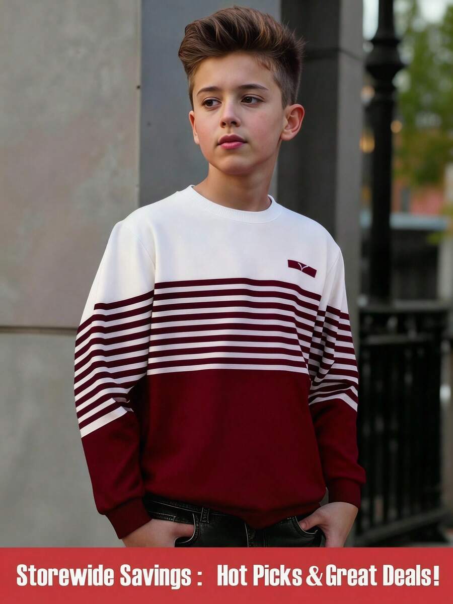 SHEIN Tween Boy Casual Stylish Minimalist Striped Pattern Print Pullover Sweatshirt, Comfortable & Warm In Autumn/Winter - Multicolor - View 1