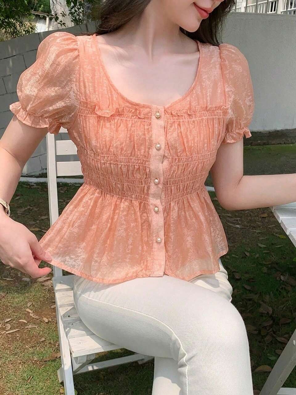 Women's Single-Breasted Short Puff Sleeve Frill Trim Blouse