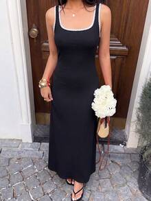 Silhoulove Women's Contrast Color Embroidered Square Neck Sleeveless Elastic Knit Maxi Dress Wedding Guest Vacation Black Summer Elegant Casual Holiday - Black and White - View 4