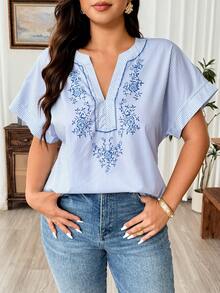 Weeklong Plus Size Women V-Neck Cutout Shoulder Striped Print Casual Vacation Shirt - Blue - View 5