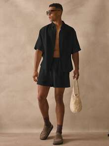 Musero Short Sleeve Boxy Button Through Collared Drop Shoulder Linen Shirt Spring Summer Holiday Essentials Beachside - Black - View 5