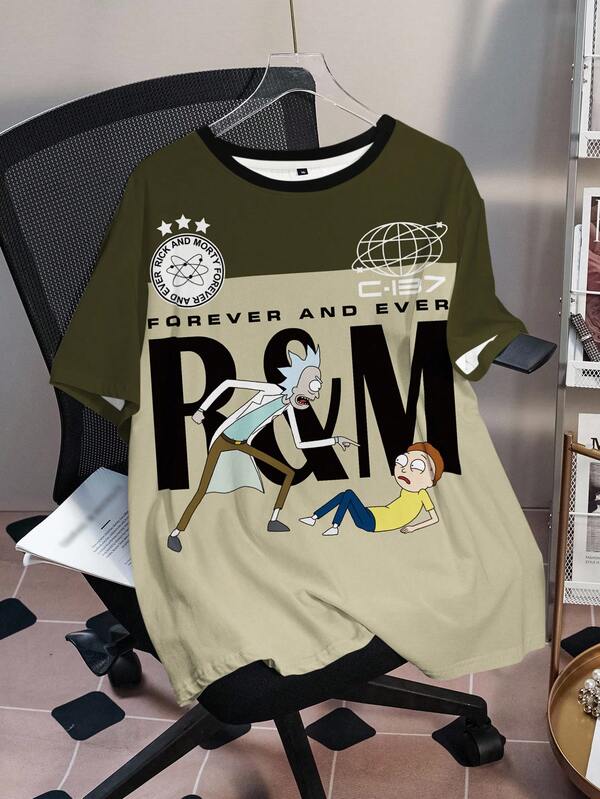 Rick and Morty X SHEIN Camiseta casual de verano de manga corta y cuello redondo, versátil, para tallas grandes