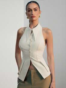 Hauture Women's Sexy Casual Office Collared Sleeveless Blazer Vest Shirt Top, Old Money, Sophisticated Top, Work, Brunch, Baby Showers, Dates, Wedding - Apricot - View 4