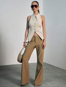 Hauture Women's Sexy Casual Office Collared Sleeveless Blazer Vest Shirt Top, Old Money, Sophisticated Top, Work, Brunch, Baby Showers, Dates, Wedding - Apricot - View 5