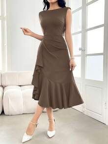 Modelyn Women's Solid Color Boat Neck Ruffle Hem Elegant Dress - Coffee Brown - View 5