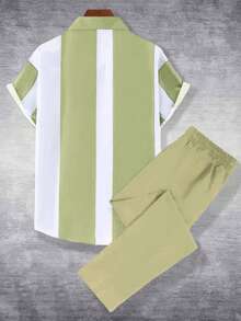 Manfinity Homme Conjunto de camisa de manga corta con contraste de color y pantalones largos con cordón en la cintura, para hombre, casual, para vacaciones y viajes, primavera/verano/otoño - Albaricoque - Ver 2
