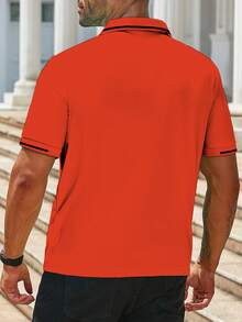 Manfinity Homme 男士大尺碼休閒日常與辦公通勤對比飾邊短袖 Polo 衫，夏季，正式 - 橘色 - 查看 2
