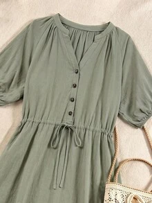 Rusticease Drawstring Sage Green Fall Elegant Birthday Vacation Dress Summer Outfits Cotton100 Women's Casual Long Holiday Everyday Travel - Green - View 5