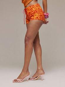 MUSERA Printed Denim Low Rise Lace Up Front Micro Shorts Spring Summer Ibiza Festival Holiday Vacation Cute Sexy Y2k Night Out Club Tropical Seduction - Orange - View 3