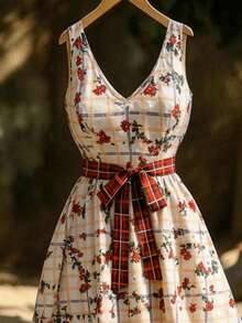 Linhara Đầm không tay xếp ly dáng suông, cổ chữ V, họa tiết hoa retro Pháp mới dành cho nữ, cỡ lớn, thích hợp cho kỳ nghỉ, đi làm hàng ngày và hẹn hò cuối tuần. - Nhiều màu - Xem 5