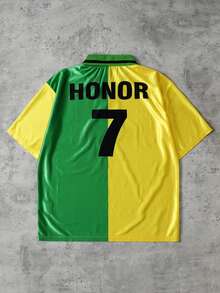 ROMWE MEN Prep World Cup Men's Letter Contrast Color Patchwork Short Sleeve Polo Shirt - Yellow - View 2