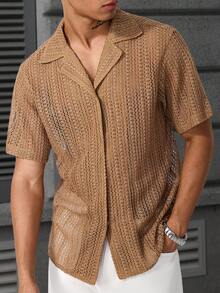 Manfinity Homme Men's Camel Summer Tropical Vacation Textured Waffle Knit Short Sleeve Button Down Shirt,Retro Cuban Collar Casual Fashion Versatile Outdoor Top - Brown - View 5