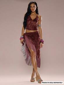 MUSERA Devore Paisley Print Fringe Sarong Tie Side Skirt Only Summer Holiday Vacation Beach Ibiza Cute Festival Elegant Sexy Cherry Moon Burgundy Red - Burgundy - View 1